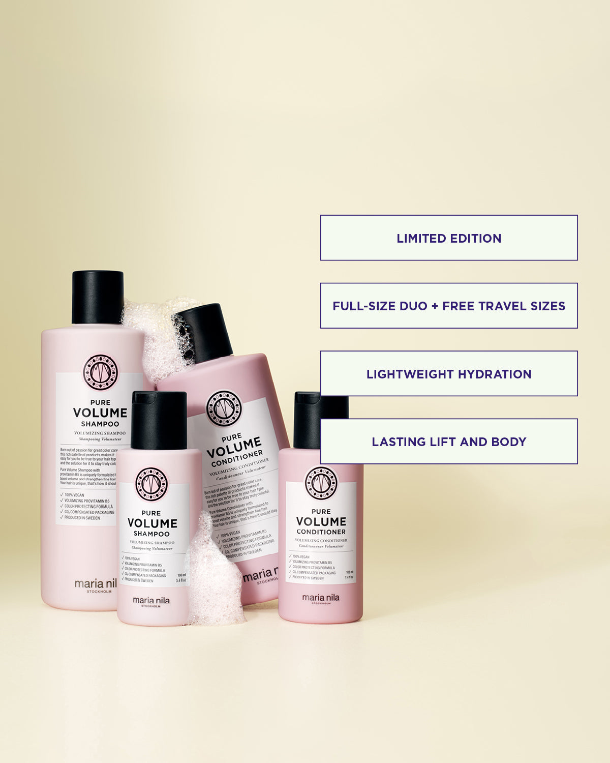 Set of Pure Volume products including shampoo and conditioner with text on a beige background