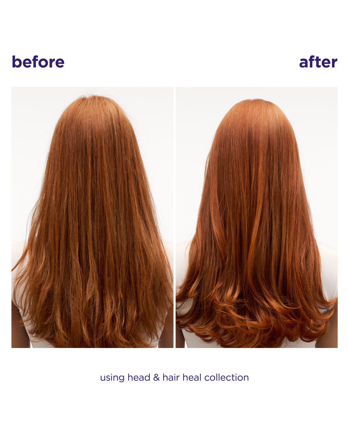 Before and after comparison of long, straight auburn hair on a person's head, showing hair health improvement. The text reads 'before', 'after', and 'using head & hair heal collection'.