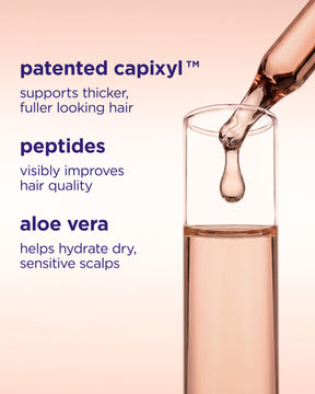 A cosmetic dropper pouring a pale pink liquid into a clear glass test tube on a soft peach background, with text listing benefits: patented capixyl, peptides, and aloe vera.