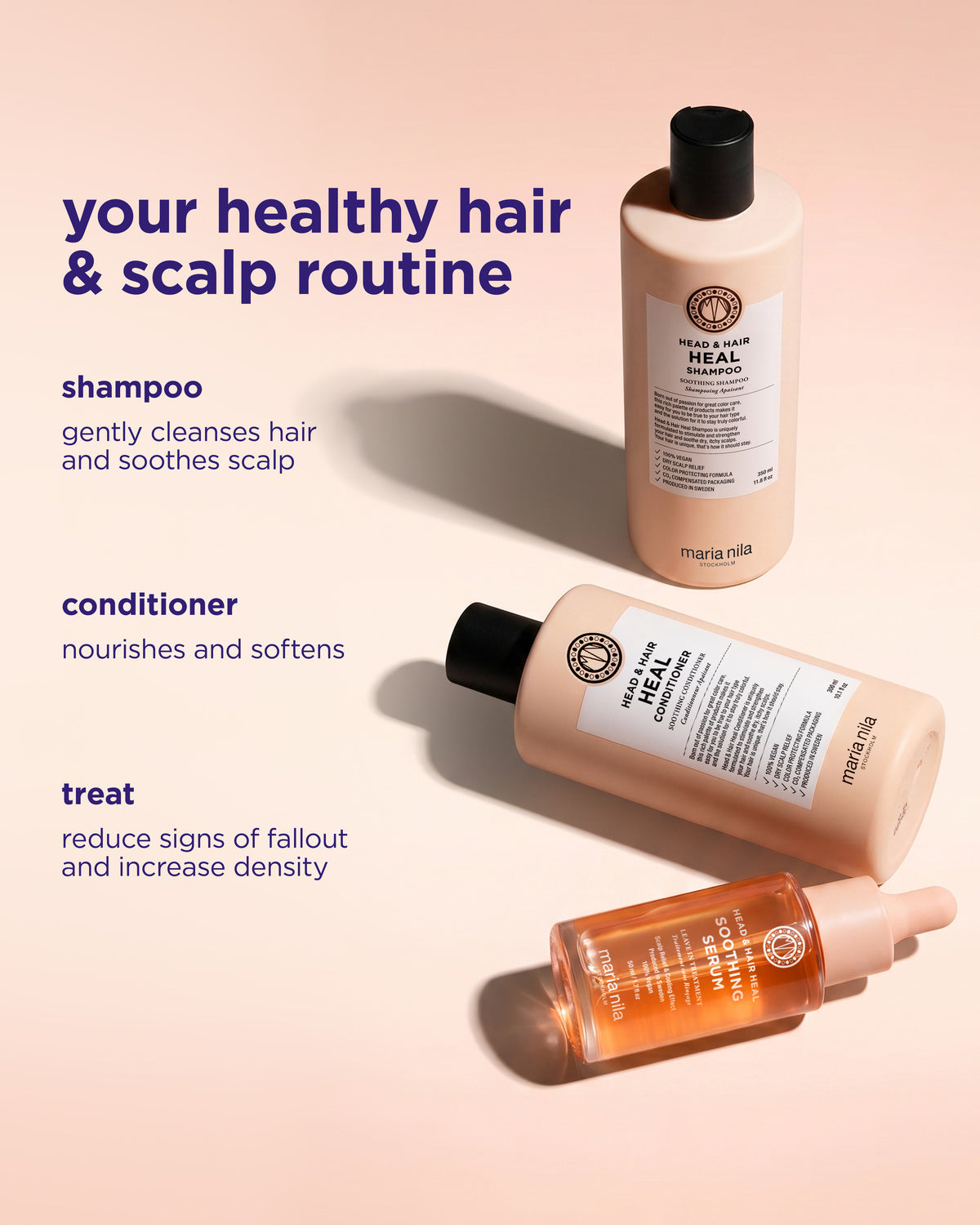 Three Marta Nila hair care products arranged on a soft peach background with descriptive text: a beige shampoo bottle, a beige conditioner bottle, and an orange-toned treatment dropper bottle. The text reads 'your healthy hair & scalp routine' and lists shampoo, conditioner, and treat purposes.