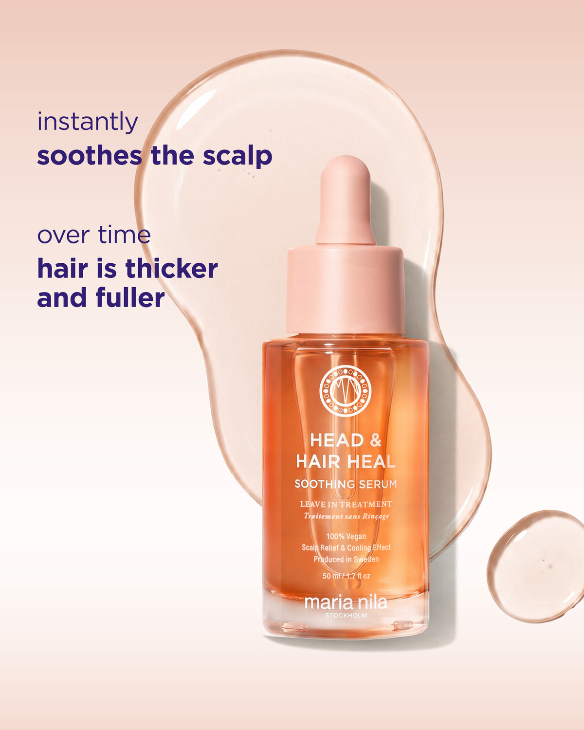 Maria Nila Head & Hair Heal Soothing Serum in a clear glass dropper bottle with a pink cap, set against a soft peach background with a liquid droplet graphic and promotional text.