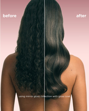 Before and after comparison of hair with a pink background