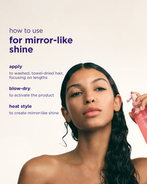 Woman with long hair holding Gloss Coat with text on how to use it for mirror-like shine.