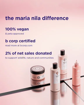 Maria Nila hair care products with certification information on a pink background