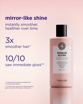 Maria Nila Mirror Gloss Conditioner bottle with product features on a pink background