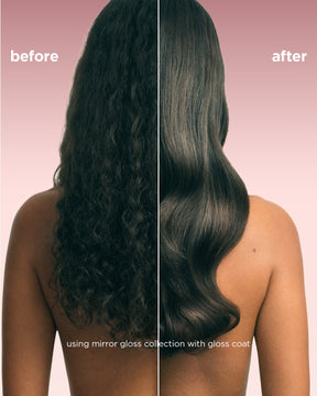 Before and after comparison of hair using Mirror Gloss collection with gloss coat on a pink background.