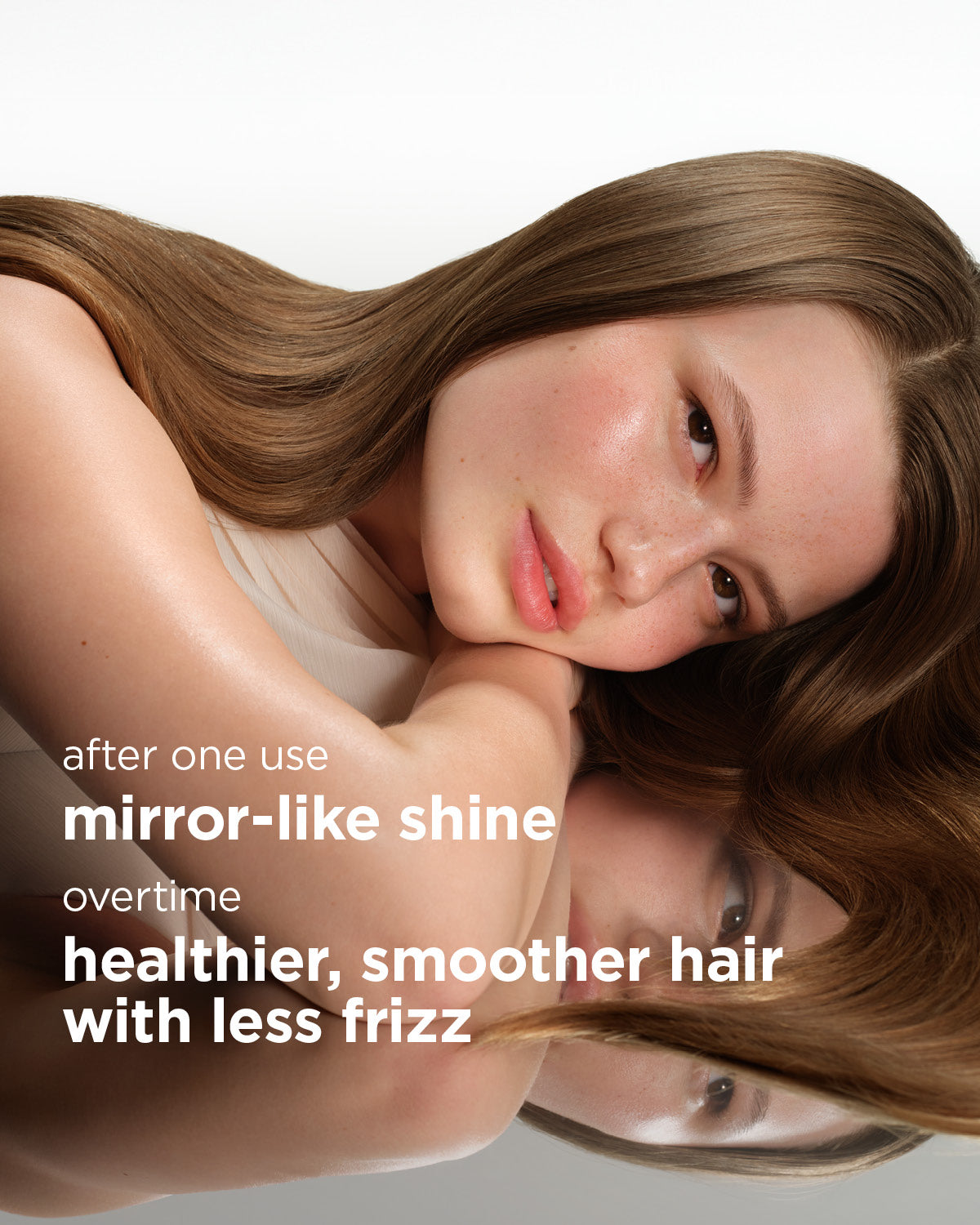 Woman with long, healthy hair against a neutral background with text about hair product benefits.