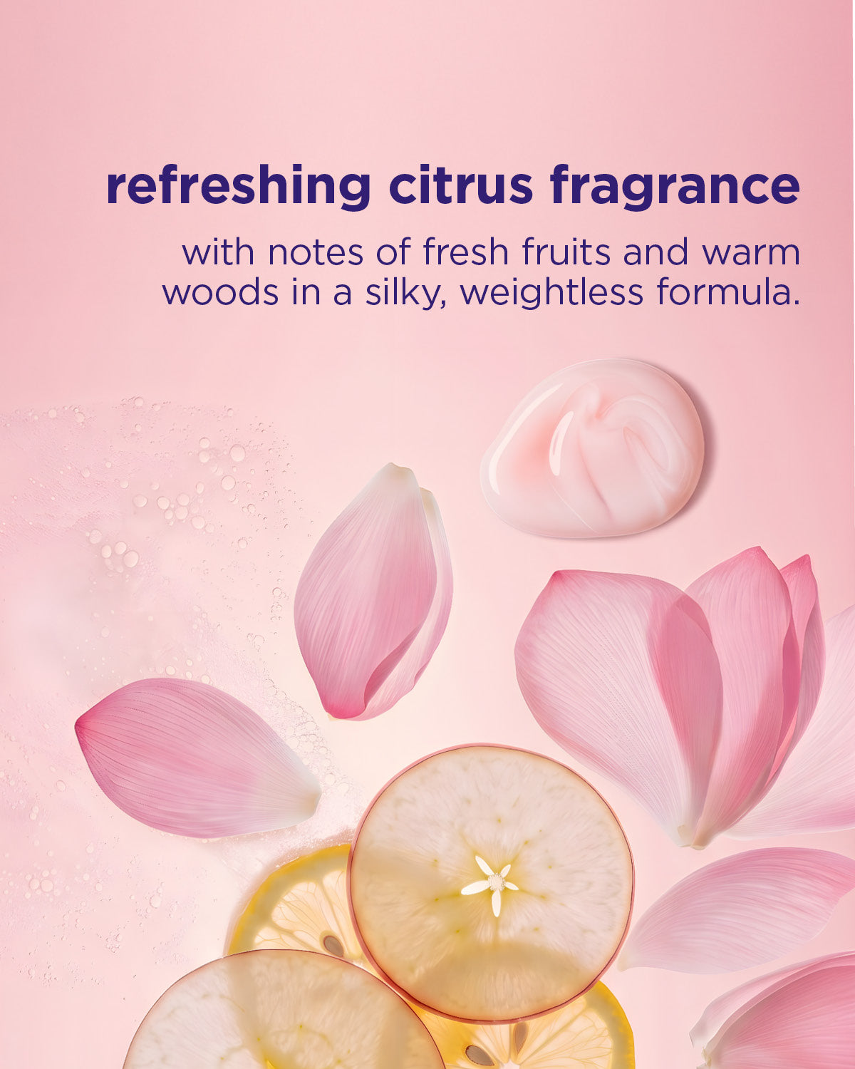 Product packaging with pink flowers and lemon slices on a pink background, featuring text about refreshing citrus fragrance.