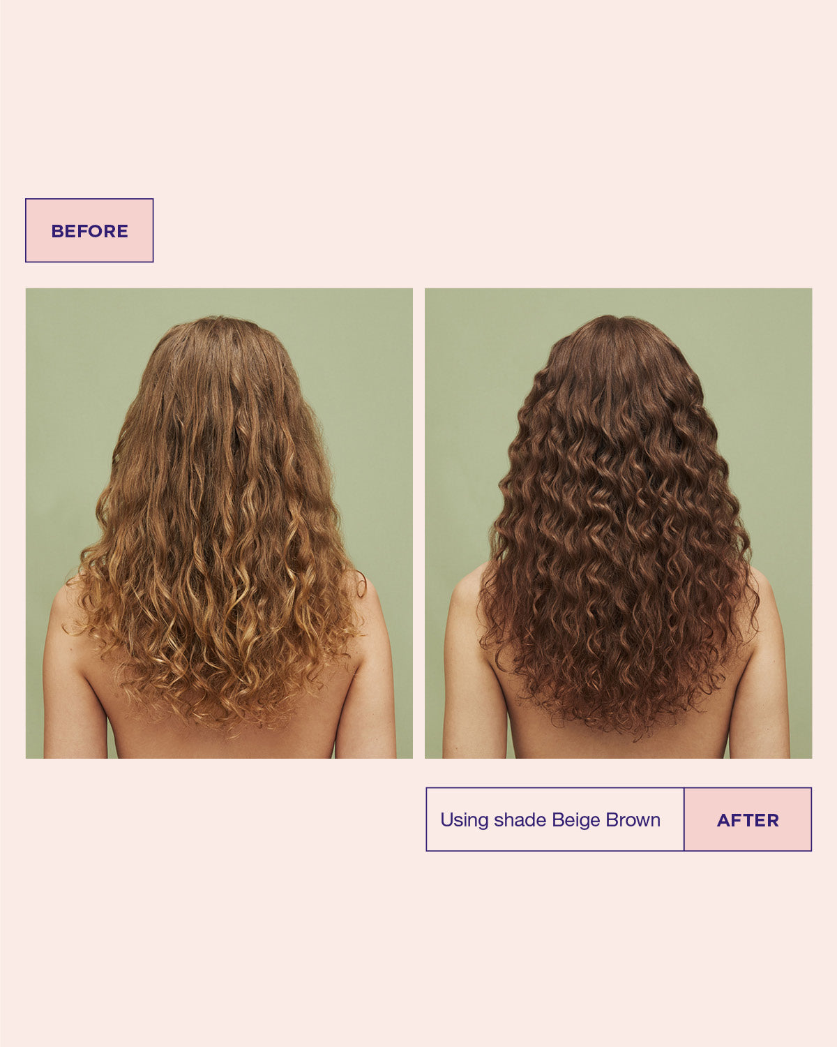 Before and after comparison of hair color using Color Refresh shade Beige Brown on a plain background.