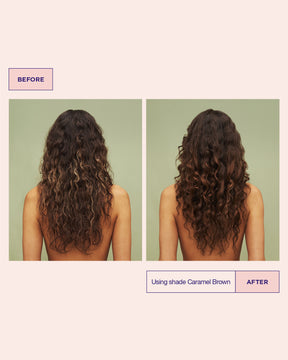 Before and after comparison of hair color using shade Caramel Brown on a plain background.