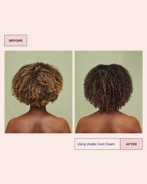 Before and after comparison of hair using shade cool cream on a green background