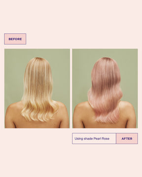 Before and after comparison of hair color transformation using shade Pearl Rose.