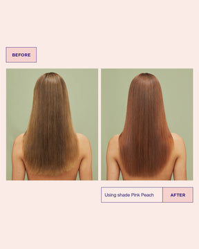 Before and after comparison of hair color using shade Pink Peach on a plain background.