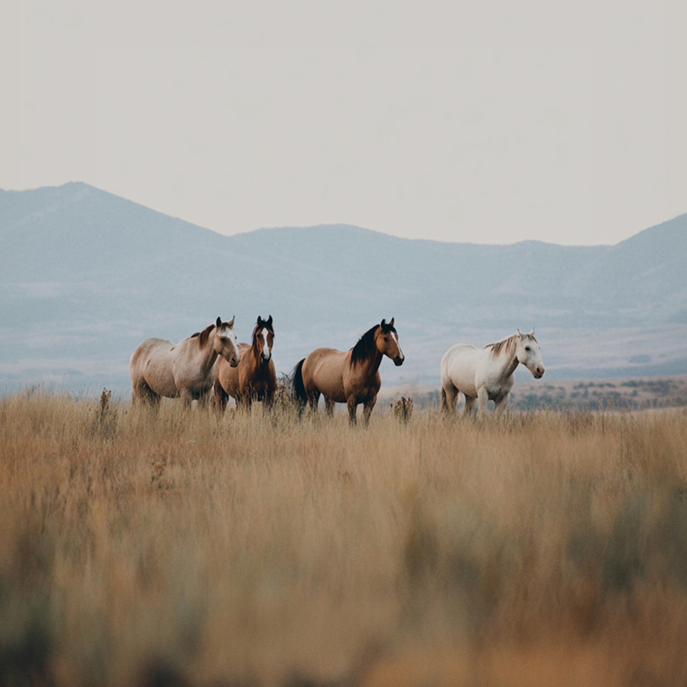 Close up of a family of wild horses out on a field with mountains in the background
