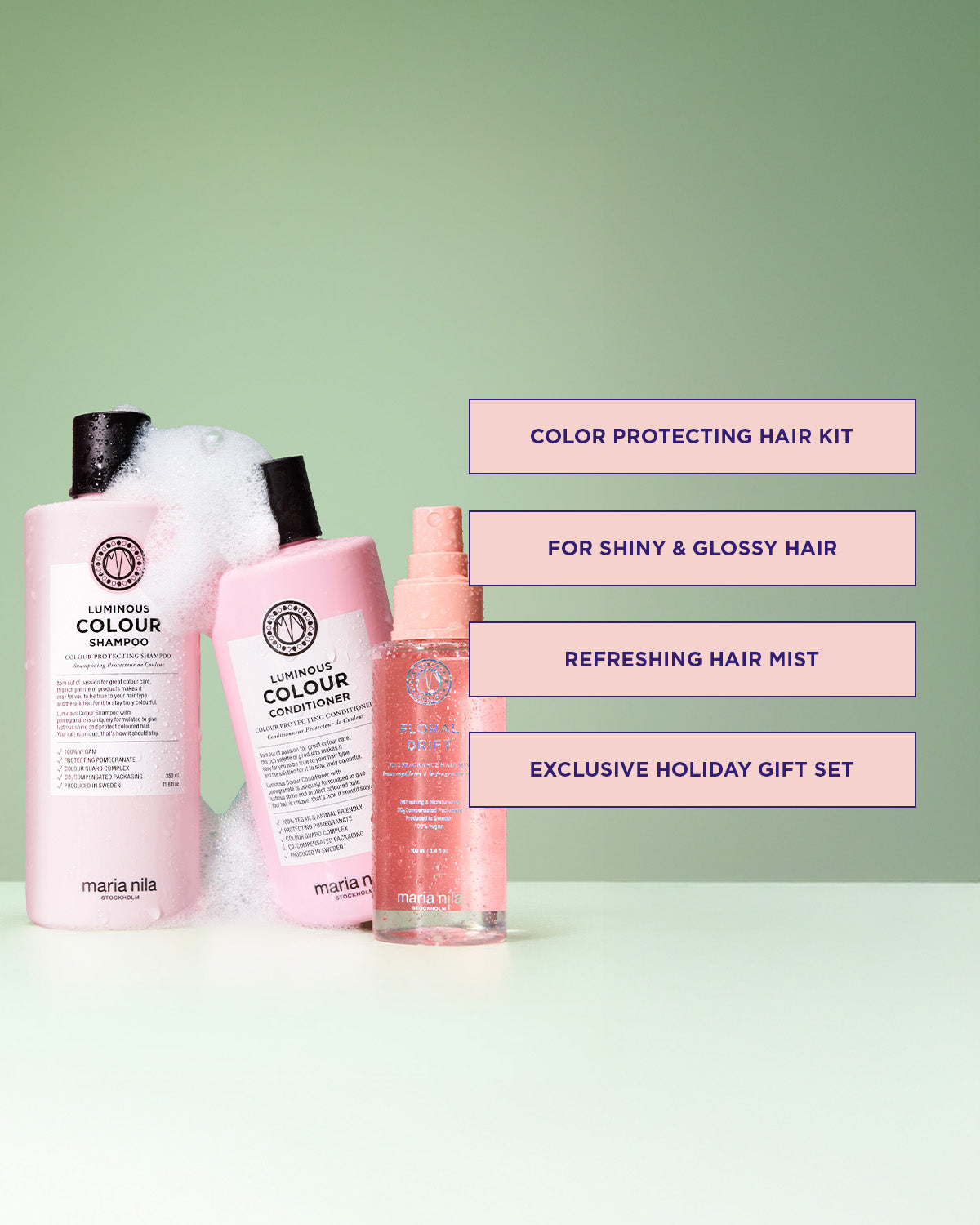 Maria Nila hair care products with text on a green background