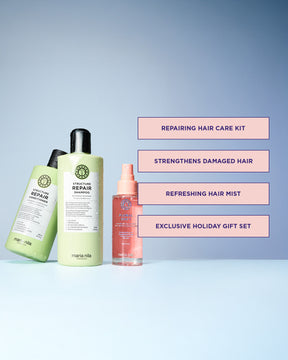 Hair care products including shampoo and mist on a light blue background with text about product features.
