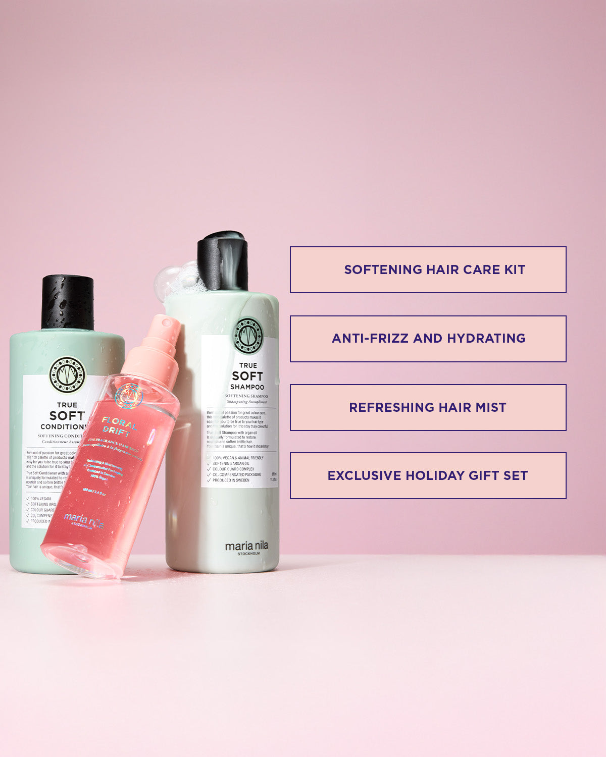 Three Maria Nila haircare products with text on pink background