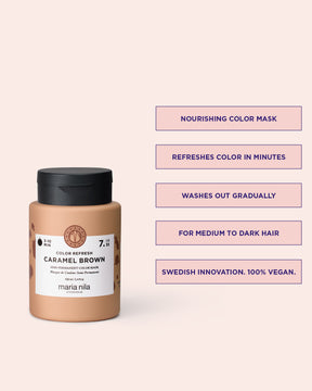 Color Refresh Caramel brown nourishing color mask jar with text on a light pink background