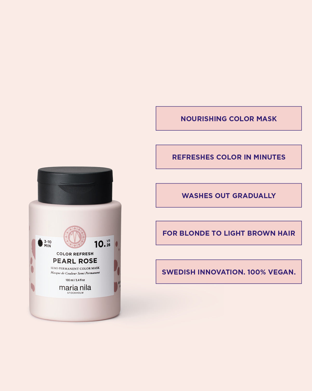 Maria Nila color refresh pearl rose nourishing hair mask jar with text on a light pink background