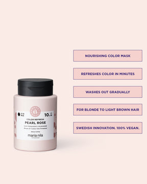 Maria Nila color refresh pearl rose nourishing hair mask jar with text on a light pink background
