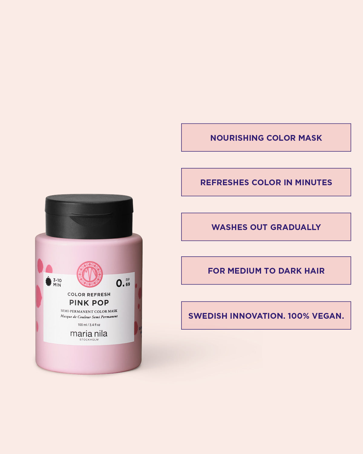 Pink hair mask jar with black lid on a light pink background, featuring product details.