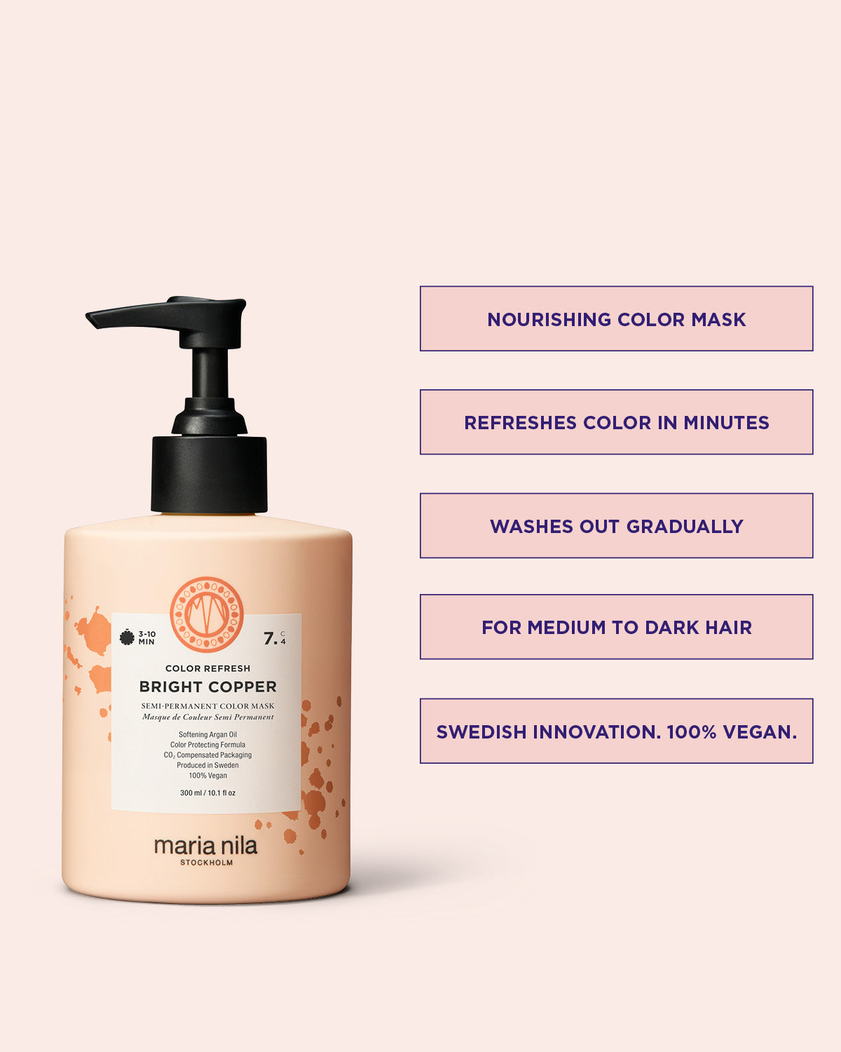Maria Nila hair mask bottle with product features on a beige background