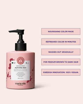 Pink hair mask bottle with pump and product details on a light pink background