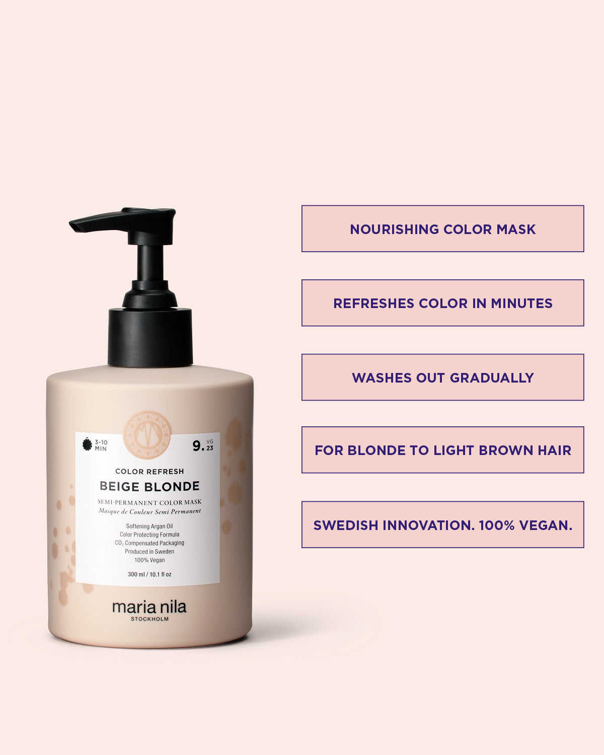 Maria Nila color refresh beige blonde pigmented hair mask with product information on a beige background