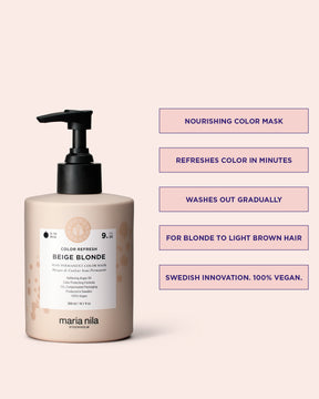 Maria Nila color refresh beige blonde pigmented hair mask with product information on a beige background