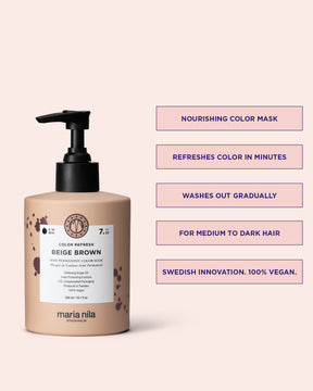 Maria Nila color refresh beige blonde pigmented hair mask bottle with product details on a pink background