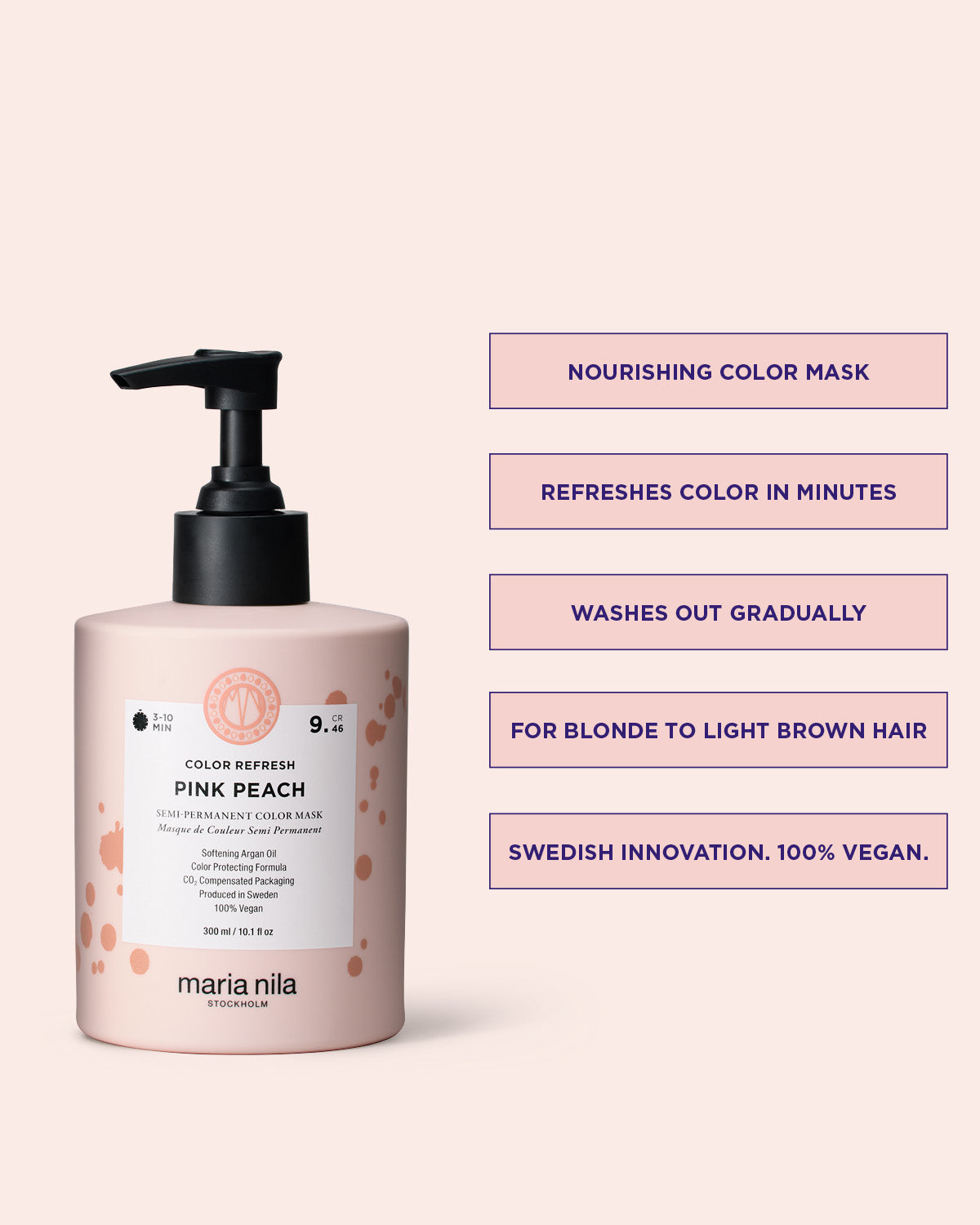 Maria Nila color refresh pink peach nourishing color mask bottle with product details on a pink background