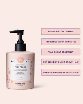 Maria Nila color refresh pink peach nourishing color mask bottle with product details on a pink background
